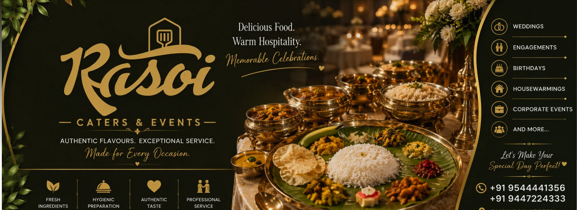A traditional Kerala sadya thali with rice, curries and accompaniments served by Rasoi Caters